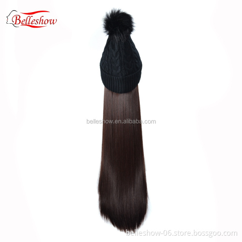 Hot sell long straight wig head Warm wool hat wig black woolen hat long straight hair Winter warm cap hair long straight hair